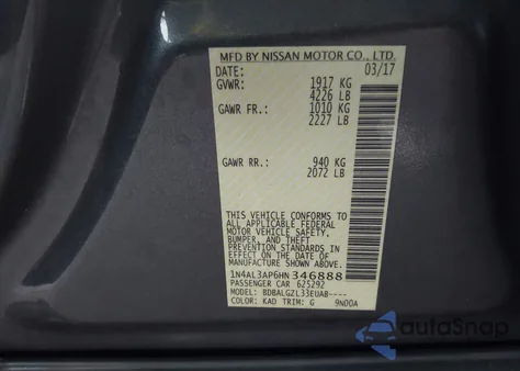 2017 Nissan Altima 2.5 S from USA, damaged, VIN 1N4AL3AP6HN346888